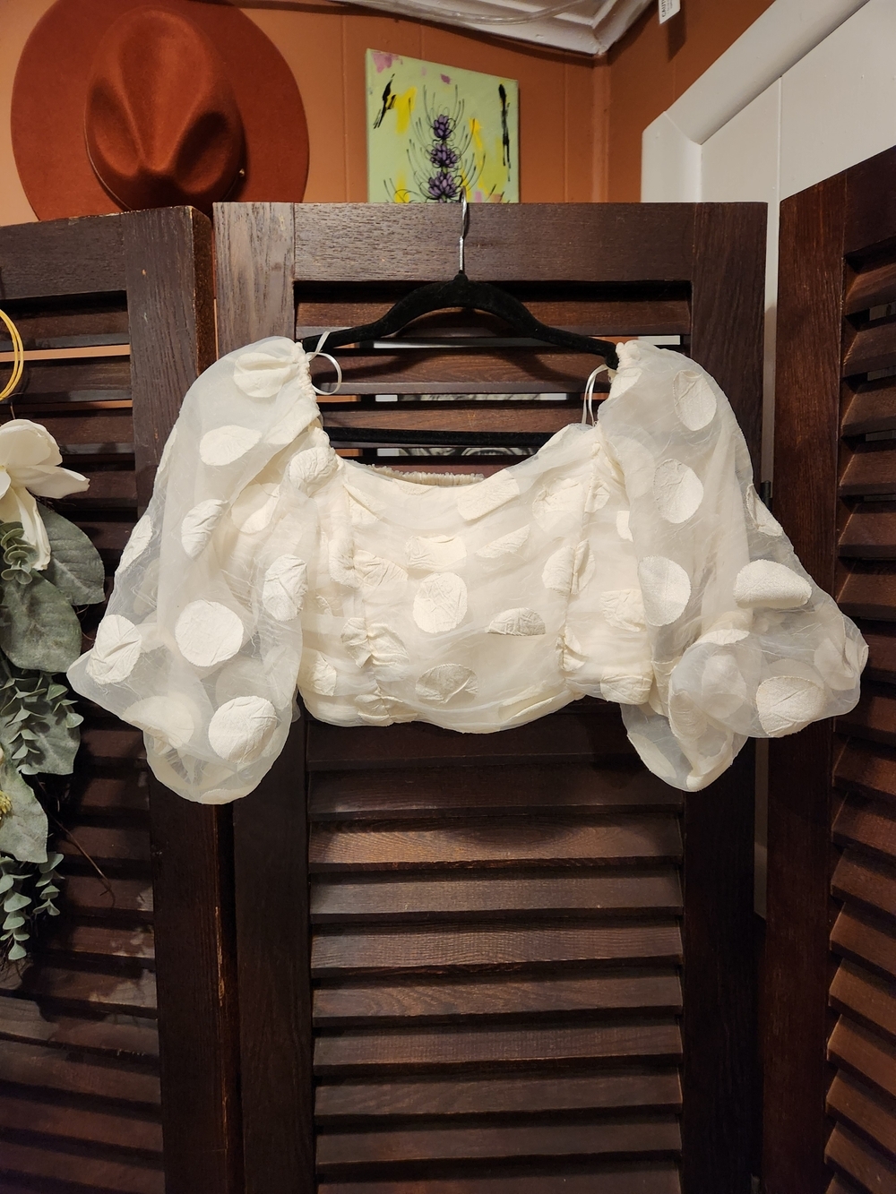 Zara Ivory Puff Sleeve Polka Dot Crop Top